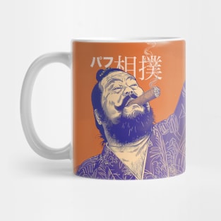 Puff Sumo in Japanese 2: Smoking a Fat Robusto Cigar on a Dark Background Mug